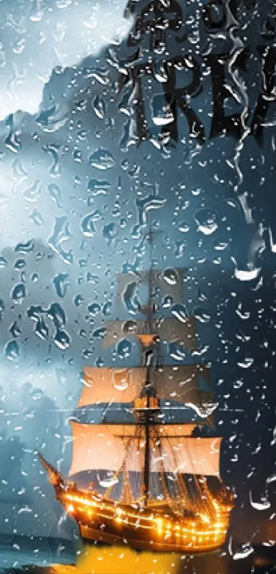 Ship through rainy window with glowing sails.