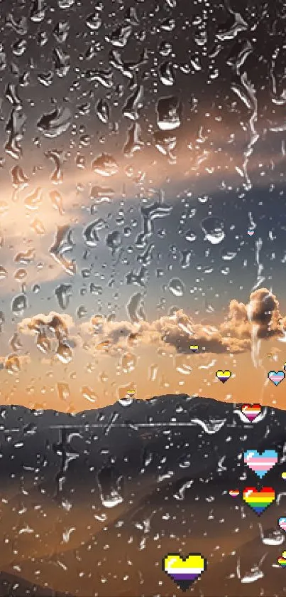 Raindrops on glass with pixel hearts showcase a cloudy sky vista.