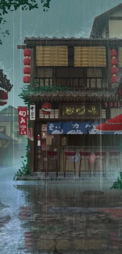 Anime street under rain with Japanese architecture.