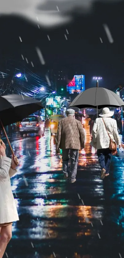 Urban street in rain with umbrellas and reflections.