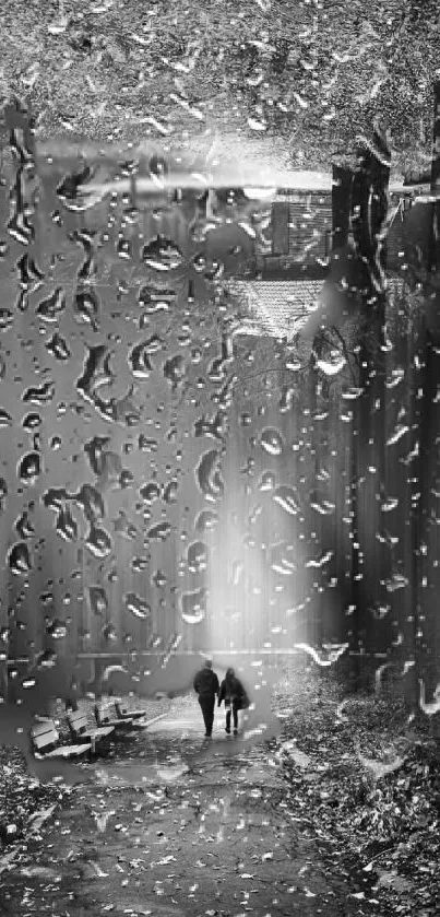 Black and white rainy street scene with raindrops on glass and silhouettes walking.