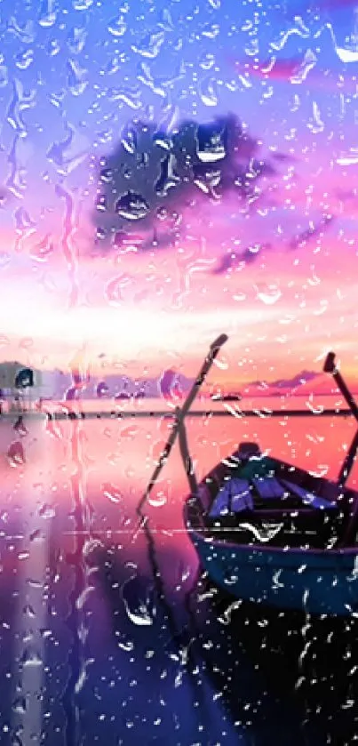 Rainy sunset with boat and raindrops on window, vibrant colors reflecting on water.