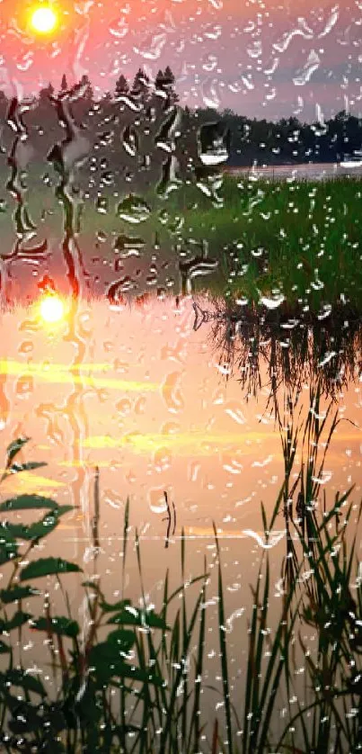 Raindrops on a window with a sunset view over a serene lake.