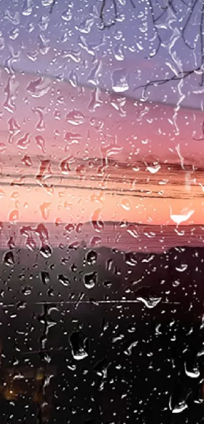 Rain-soaked glass with sunset view in purple and pink hues.