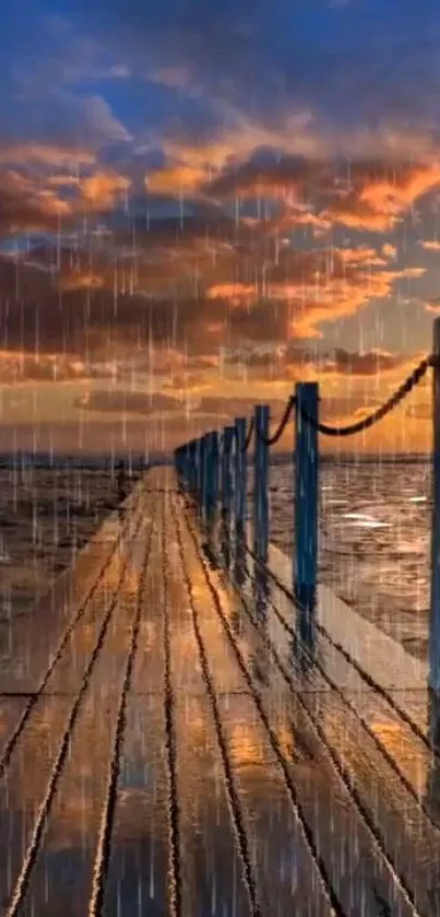 Rainy sunset over a wooden pier with vivid colors.