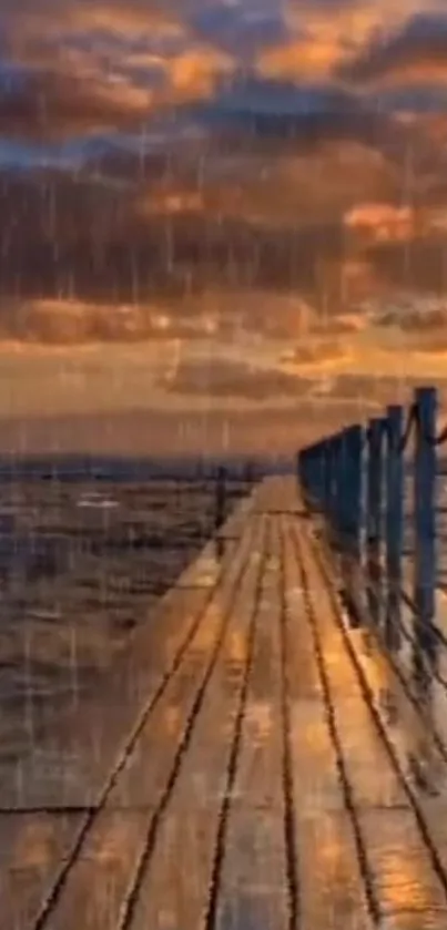 Rain-soaked pier under vibrant sunset sky.