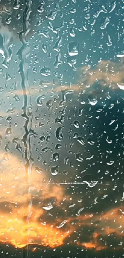 Mobile wallpaper featuring a rainy sky at sunset with clouds and raindrops.