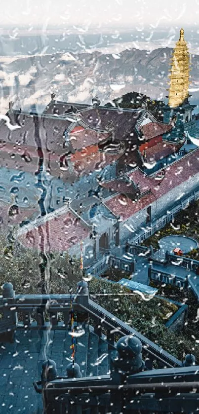 Rainy temple view through glass with cityscape in background.