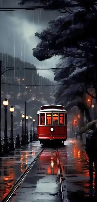 Red tram on rainy night street with city lights and wet pavement.