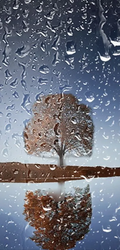 Tree reflecting on water with raindrops on glass.