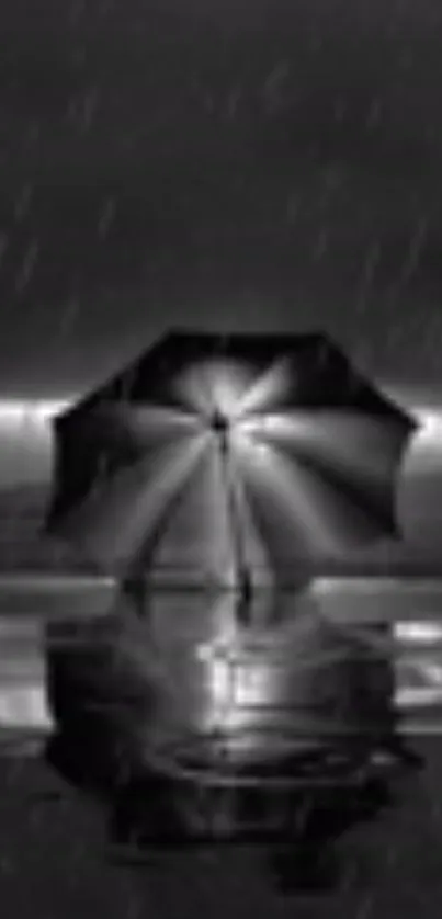 Black and white wallpaper of umbrella at night with reflections.