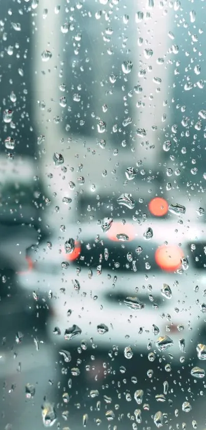 Rainy urban glass wallpaper with raindrops on a city background.