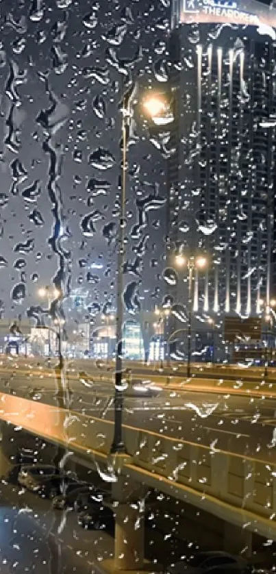 Urban skyline through rain-covered window at night.