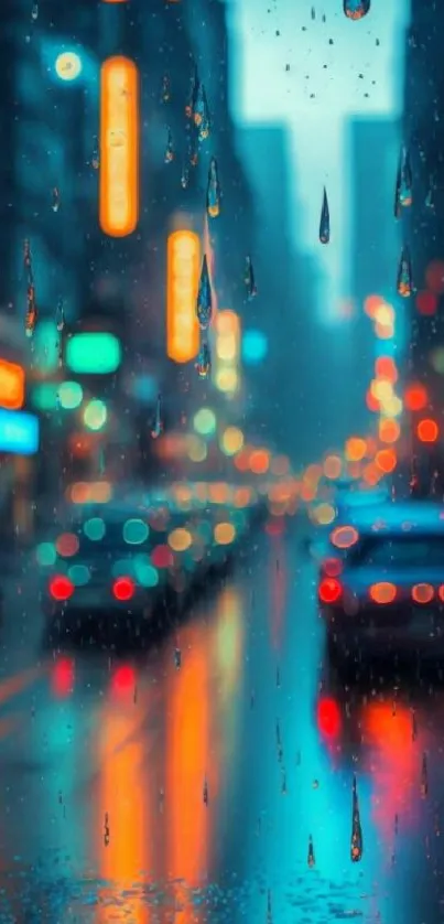 Vibrant city nightscape with rain and colorful lights reflecting.