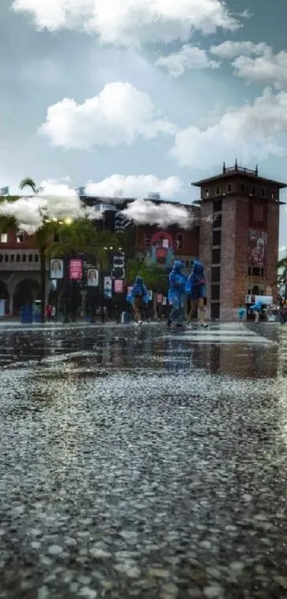 Wet city street view with people walking under a moody sky and historic buildings.