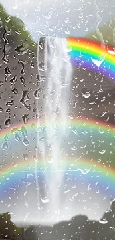 Wallpaper of a rainy waterfall with vibrant rainbows.