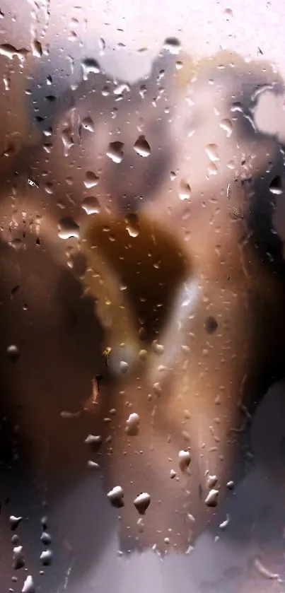 Raindrops on a window with a blurred brown background.