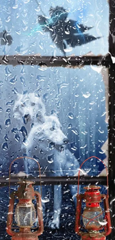 A white wolf, vintage lanterns, and birds seen through a rainy window.