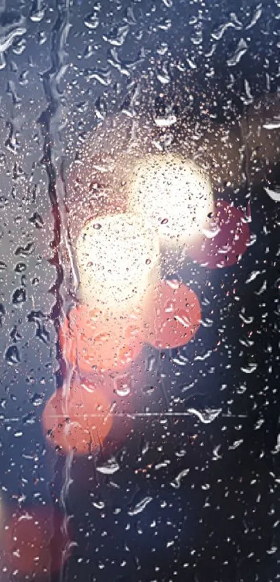 Raindrops on window with glowing bokeh lights.