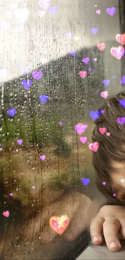 Rainy window with heart overlays and thoughtful mood.