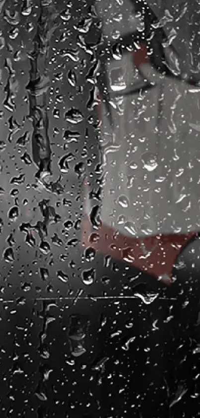 Rainy window wallpaper with raindrops on glass and a dark, moody background.