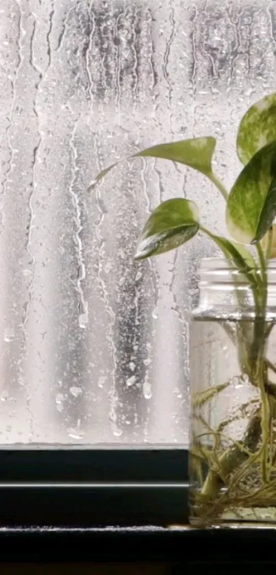 Plant in a jar by a rainy window for mobile wallpaper.