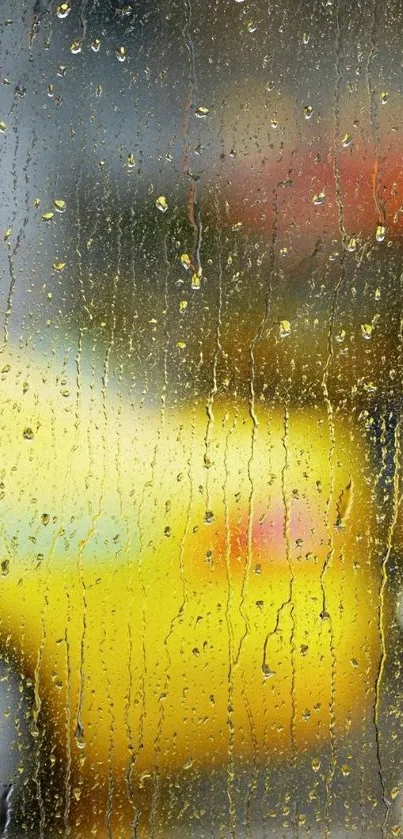 Raindrops on a window with blurred yellow city view.