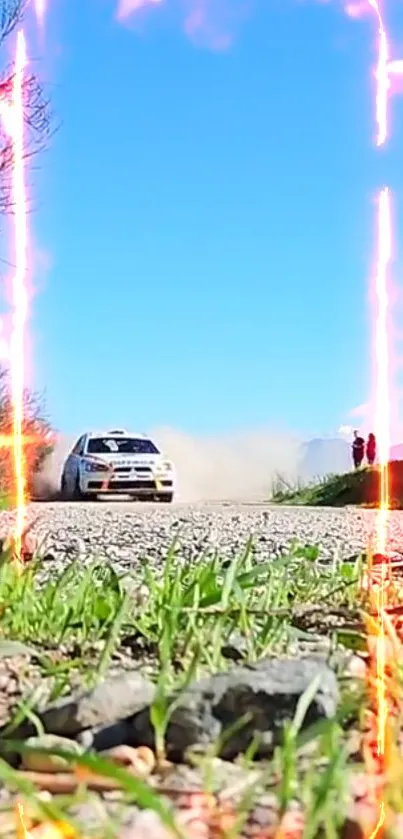 Rally car on gravel with energy bursts and blue sky.