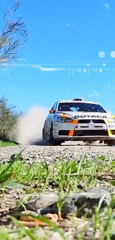 Rally car racing on a sunny day, creating dust clouds.