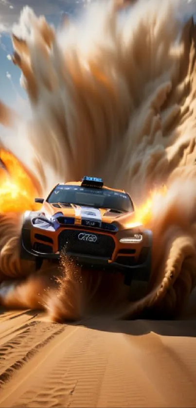 Explosive rally car racing through the desert in stunning flames and sand trails.