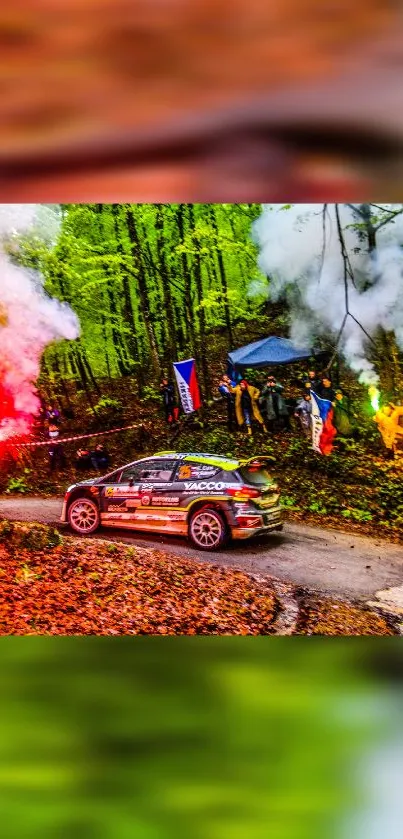 Dynamic rally car speeds through vibrant forest scene with colorful smoke.