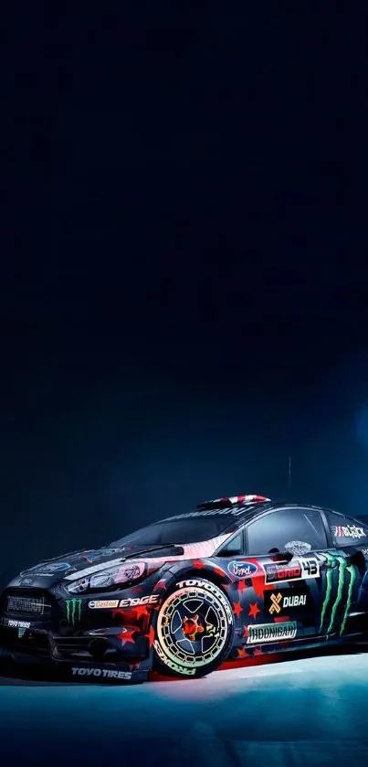 Rally car under night sky wallpaper with vibrant racing design.