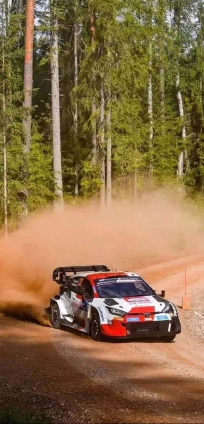 Rally car speeding on a forest dirt track with dust clouds.