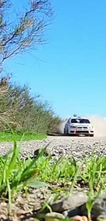 Rally car racing on a dirt track under a vibrant blue sky.