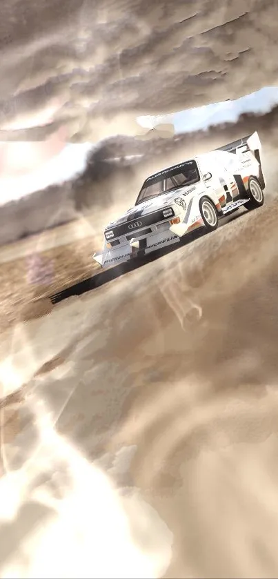 Racing car on a dusty desert track, capturing speed and excitement.