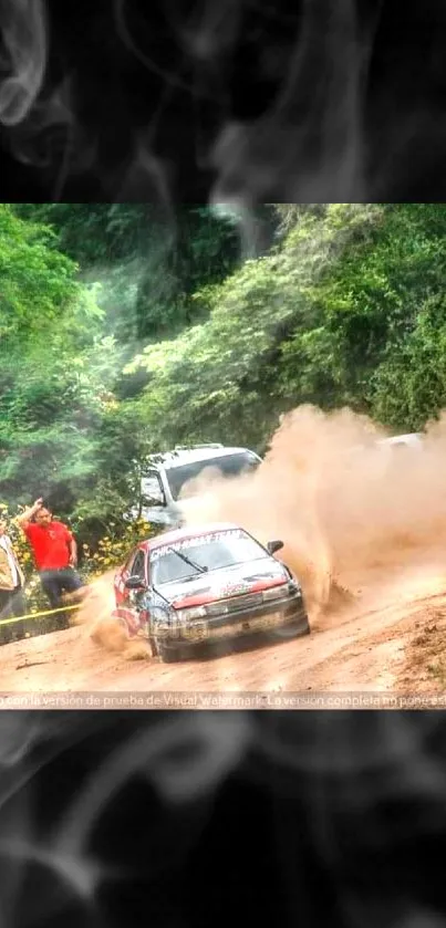 Rally car racing through a dusty forest trail.