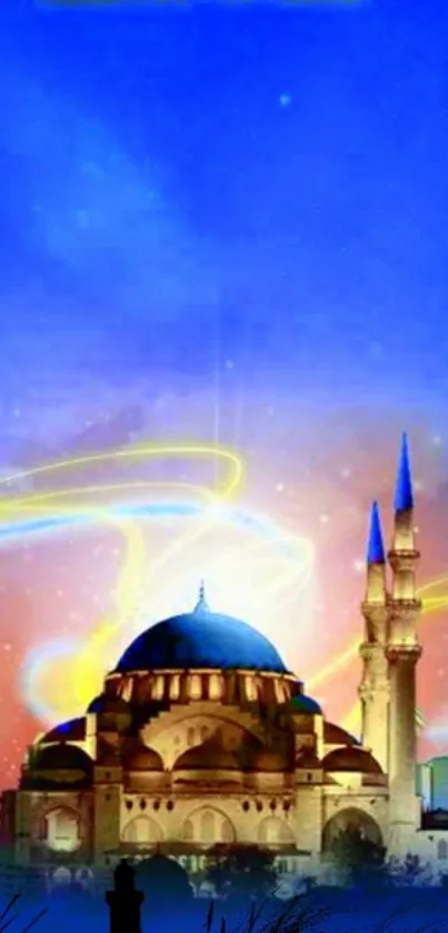 Stunning Ramadan mosque under a starry blue night sky.