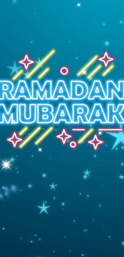 Colorful Ramadan Mubarak neon wallpaper with stars on teal background.