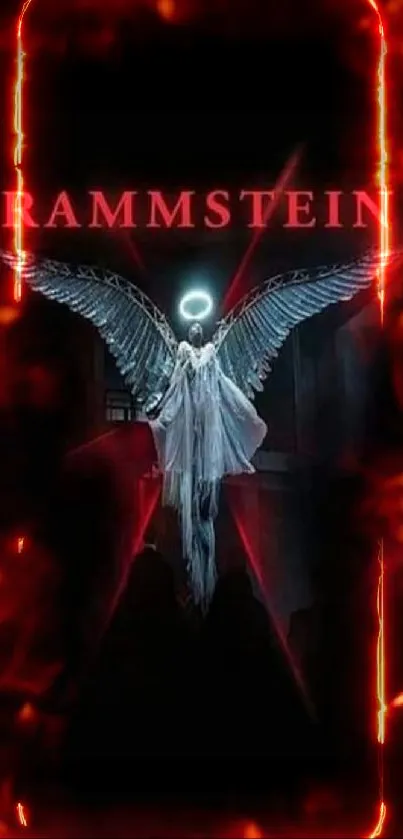 Rammstein angel with glowing wings on dark wallpaper.