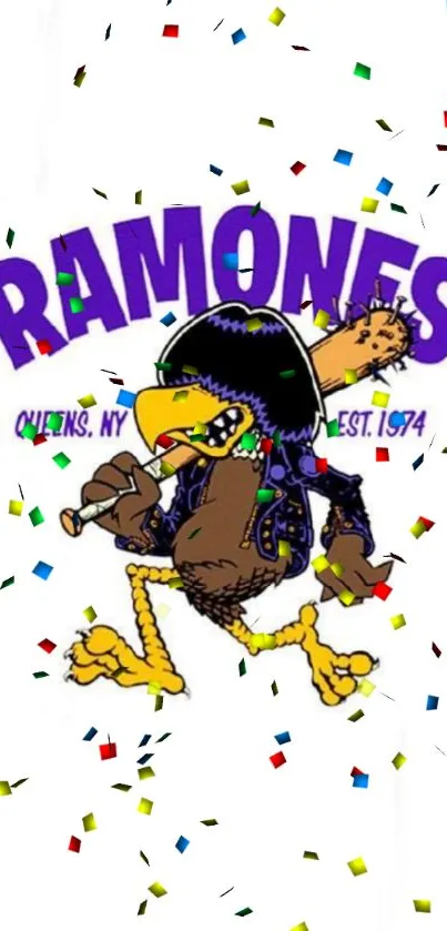 Cartoon bird wearing leather jacket under Ramones logo.