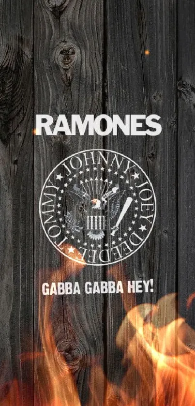 Ramones logo on dark wood background with 'Gabba Gabba Hey!' text.