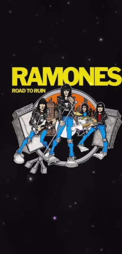 Ramones 'Road to Ruin' vibrant mobile wallpaper featuring the iconic punk band.