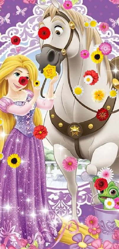 Rapunzel with horse in a floral fantasy scene on purple backdrop.