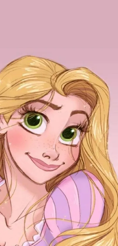 Rapunzel cartoon illustration on pink background.