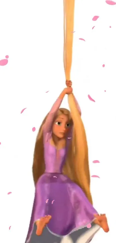 Rapunzel swings with golden hair and pink petals.