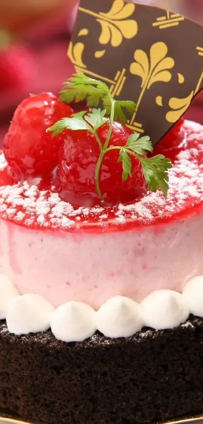 Elegant raspberry-topped cake with chocolate on velvet background.