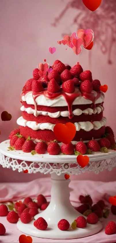 Romantic raspberry cake with hearts on a stand.