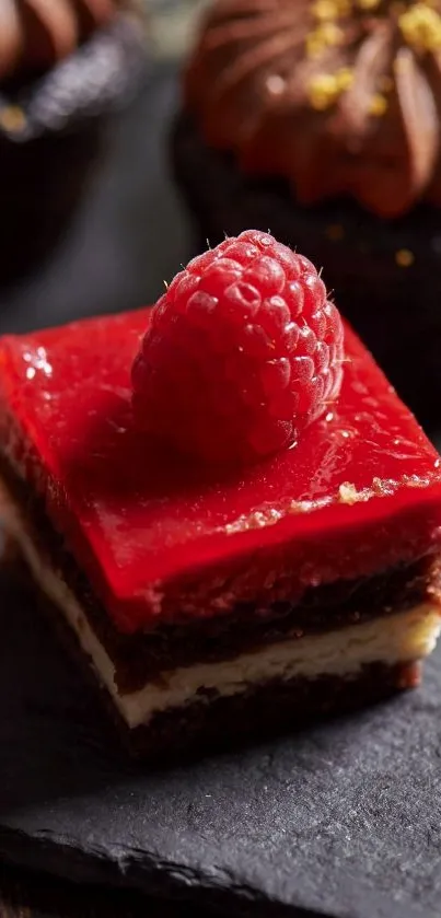 Close-up of a vibrant raspberry dessert with rich red layers on a plate.