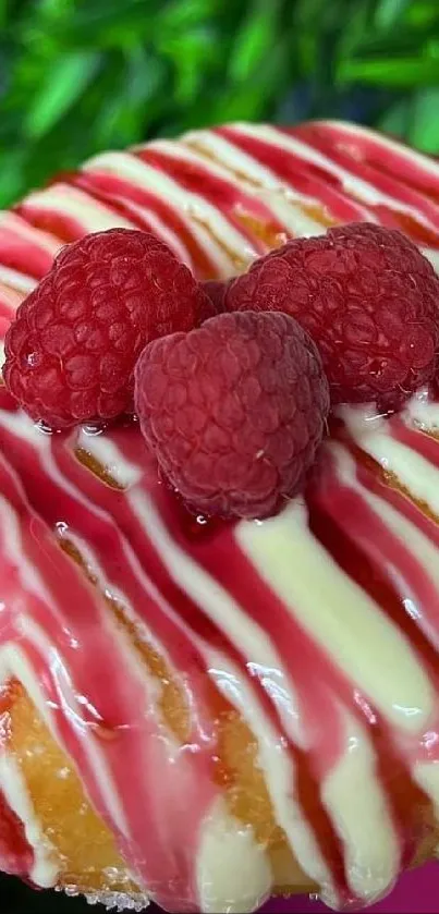 Raspberry-topped donut with red drizzle icing.