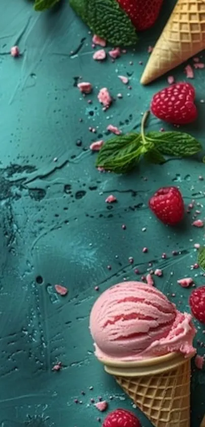 Raspberry ice cream with waffle cone on turquoise background.